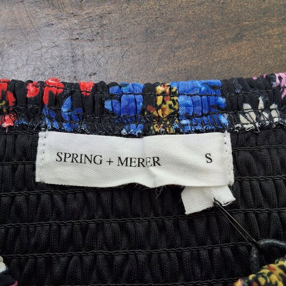 Spring & Mercer Black Multi Floral Tiered Mini Skirt Smocked Waist Sz S Fairy - Picture 6 of 9